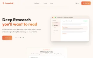 LuminixAI homepage — screenshot of the research & search AI tool, 2026-10-02