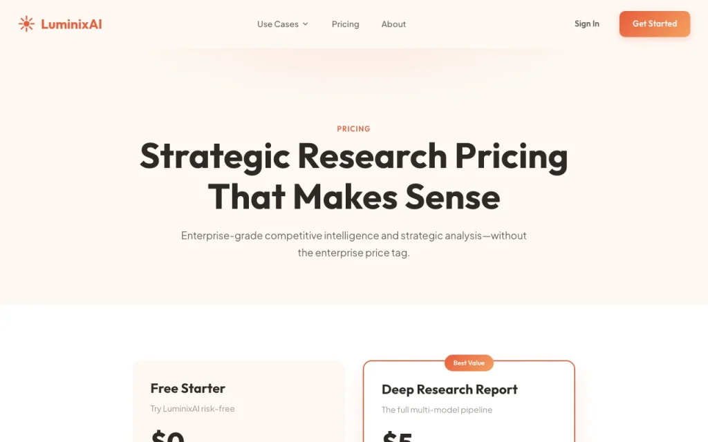 LuminixAI pricing page with plans and prices — screenshot of the research & search AI tool, Oct 2, 2026