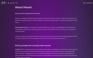 Maastr about page — screenshot of the audio & voice AI tool, 2026-10-02
