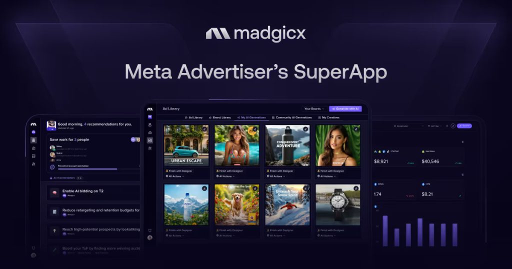 Capture d'écran de la page d'accueil de Madgicx, outil d'IA productivité et rédaction