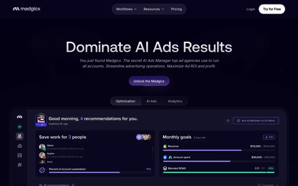 Madgicx Startseite – Screenshot des KI-Tools produktivität & schreiben, Oct 1, 2026