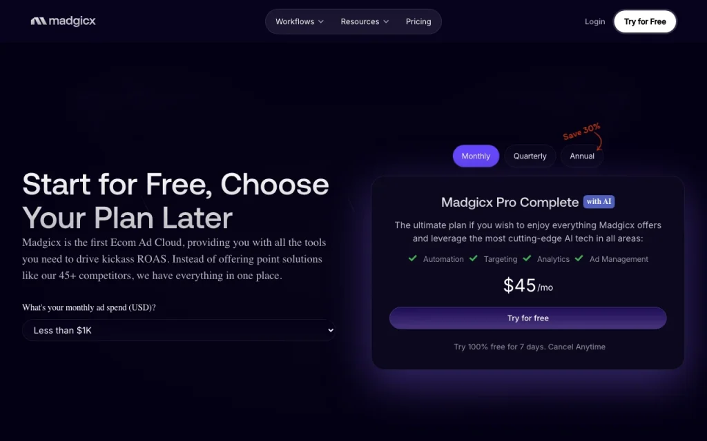 Madgicx pricing page with plans and prices — screenshot of the productivity & writing AI tool, Oct 1, 2026