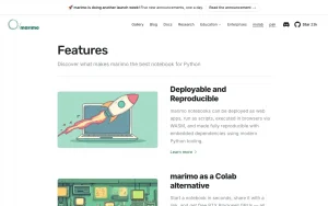 marimo features page — screenshot of the coding AI tool, 2026-10-02