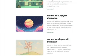 marimo features page — screenshot of the coding AI tool, 2026-10-02