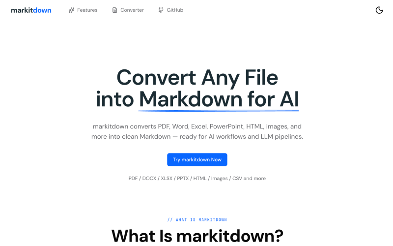 Captura de la página de inicio de MarkItDown Online, herramienta de IA productividad y escritura