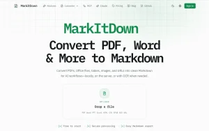 MarkItDown Online homepage — screenshot of the productivity & writing AI tool, 2026-10-01