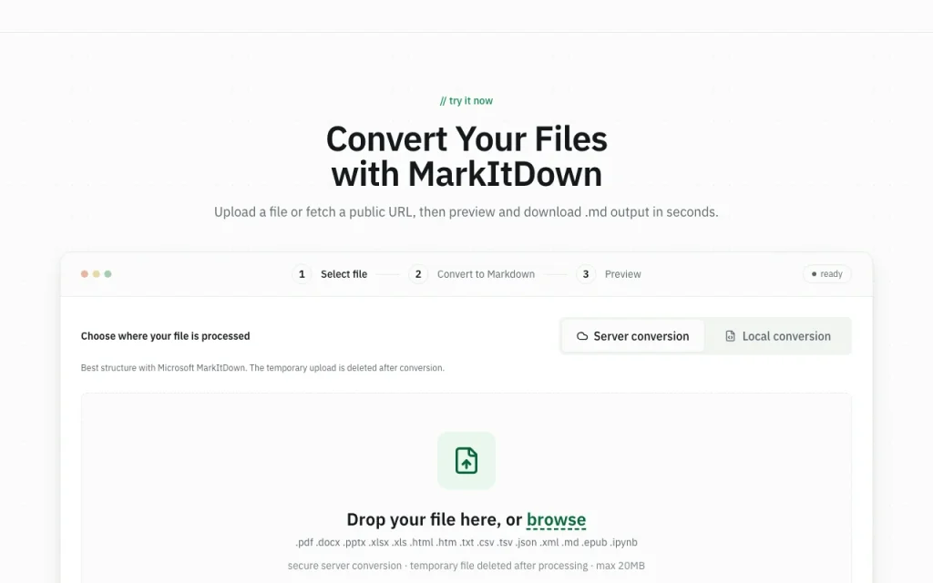 MarkItDown Online página principal — captura de pantalla de la herramienta de IA productividad y escritura, Oct 1, 2026