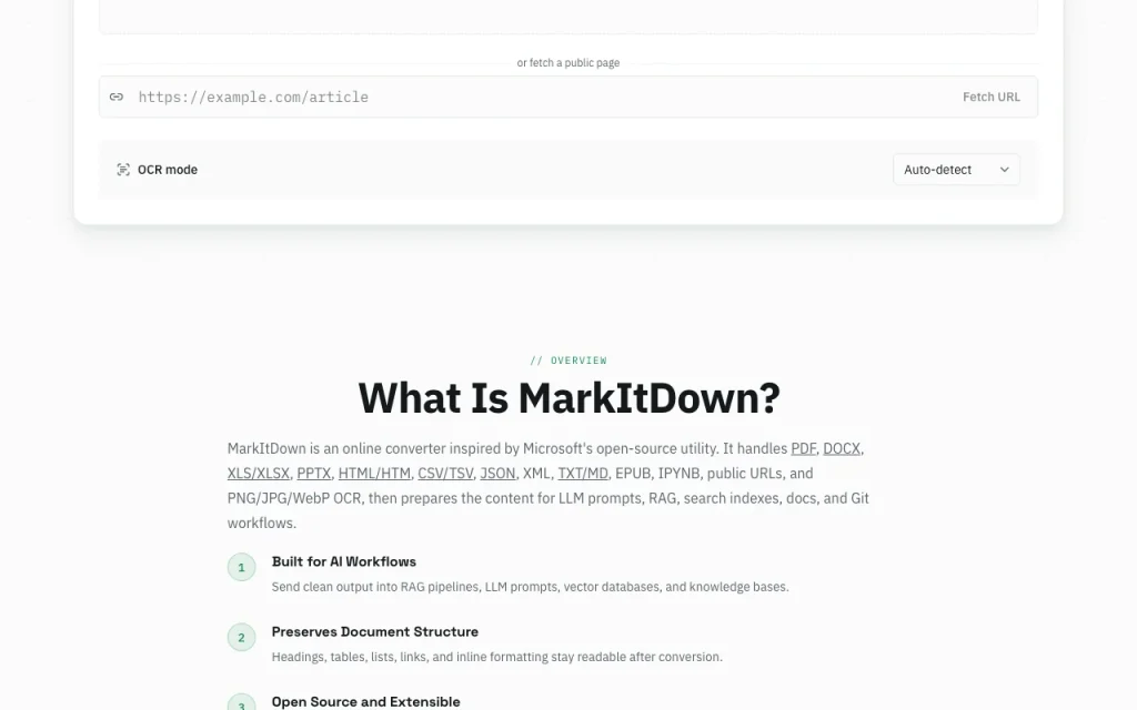MarkItDown Online página principal — captura de pantalla de la herramienta de IA productividad y escritura, Oct 1, 2026