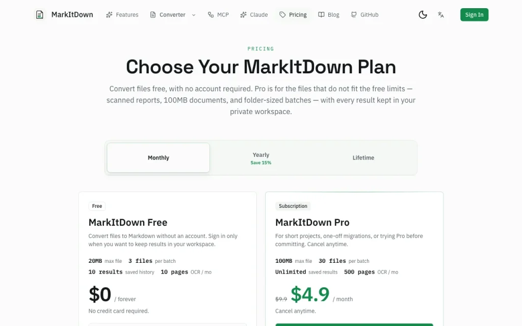 MarkItDown Online página de precios con planes y precios — captura de pantalla de la herramienta de IA productividad y escritura, Oct 1, 2026