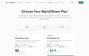 MarkItDown Online pricing page with plans and prices — screenshot of the productivity & writing AI tool, 2026-10-01