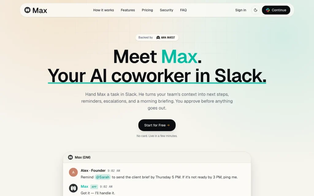 Max homepage — screenshot of the productivity & writing AI tool, Oct 2, 2026