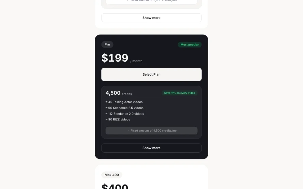 Maxfusion AI pricing page with plans and prices — screenshot of the video AI tool, Oct 1, 2026