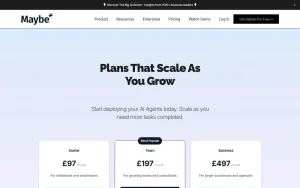 Maybe* pricing page with plans and prices — screenshot of the productivity & writing AI tool, 2026-10-02