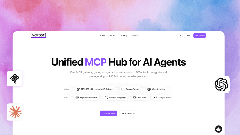 MCP360 homepage screenshot, coding AI tool