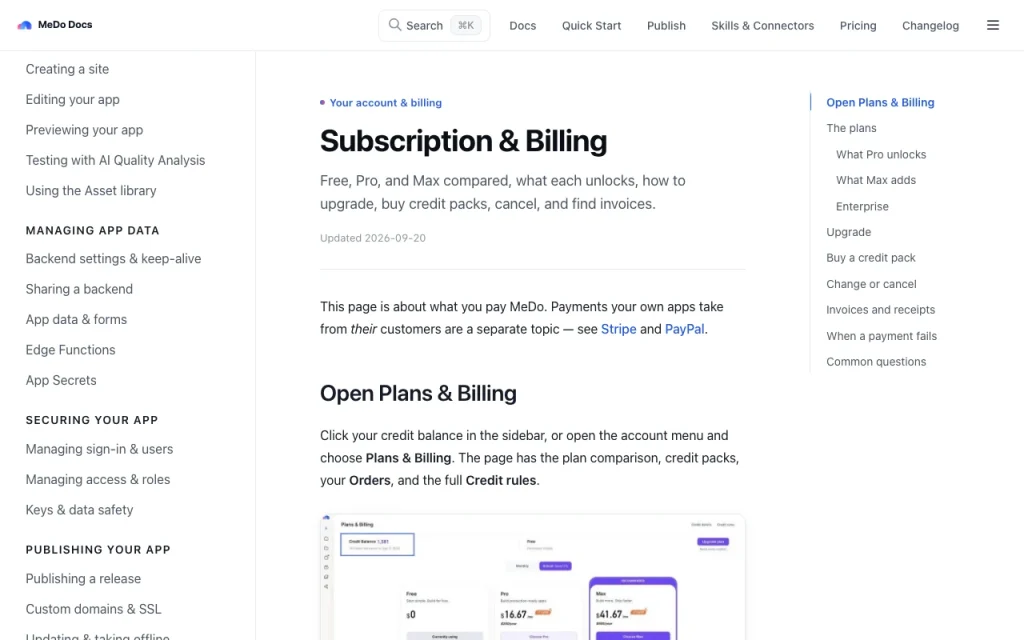 MeDo pricing page with plans and prices — screenshot of the coding AI tool, Oct 2, 2026