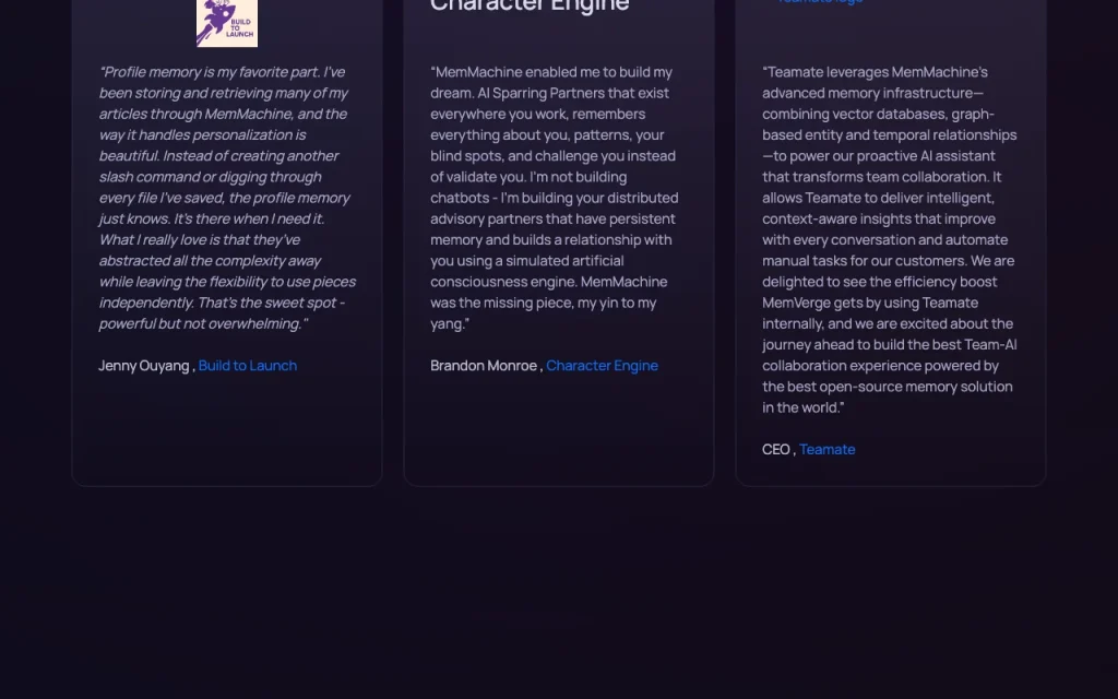 MemMachine homepage — screenshot of the coding AI tool, Oct 2, 2026