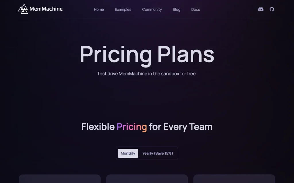 MemMachine pricing page with plans and prices — screenshot of the coding AI tool, Oct 2, 2026