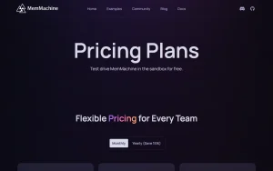 MemMachine pricing page with plans and prices — screenshot of the coding AI tool, 2026-10-02