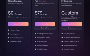 MemMachine pricing page with plans and prices — screenshot of the coding AI tool, 2026-10-02