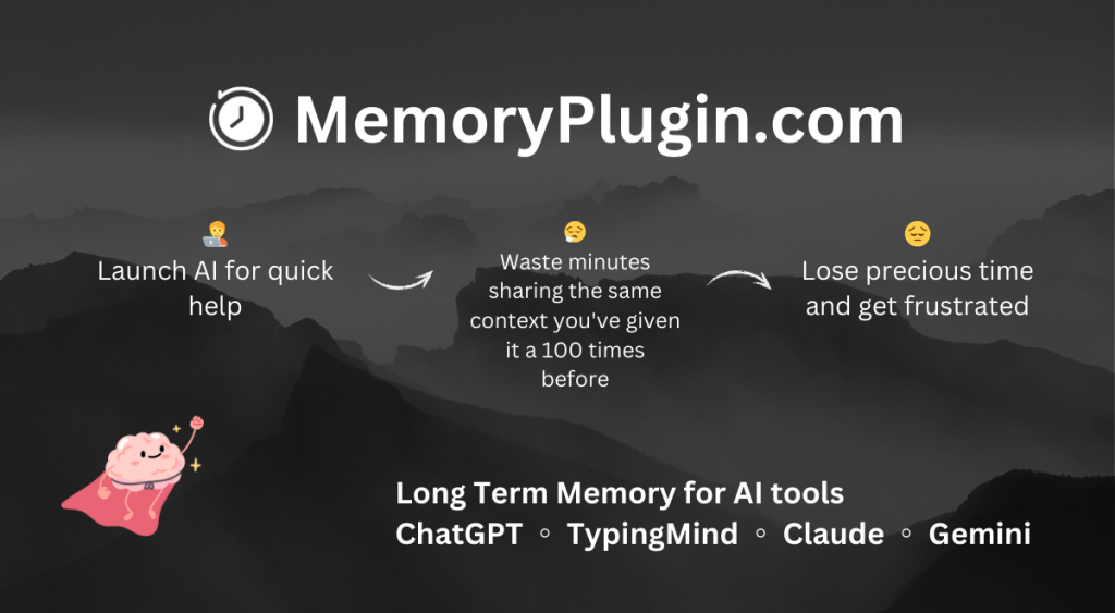 MemoryPlugin captura de tela da página inicial, ferramenta de IA produtividade & escrita