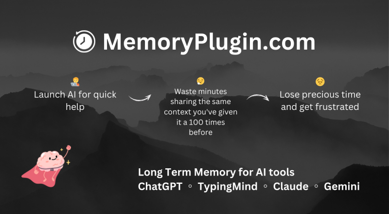 MemoryPlugin homepage screenshot, productivity & writing AI tool