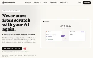 MemoryPlugin homepage — screenshot of the productivity & writing AI tool, 2026-10-02
