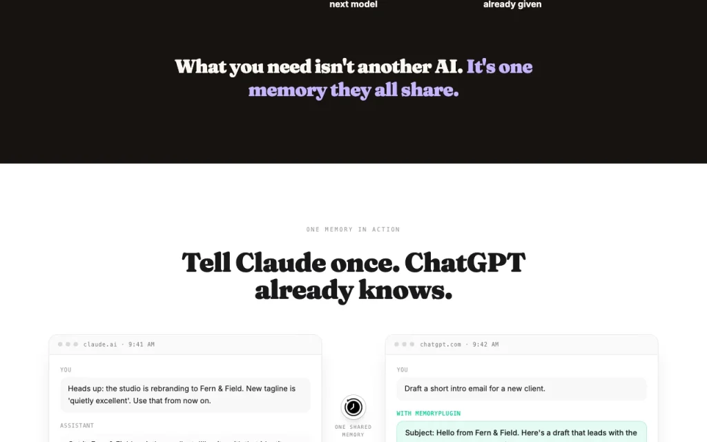 MemoryPlugin página inicial: captura de tela da ferramenta de IA produtividade & escrita, Oct 2, 2026