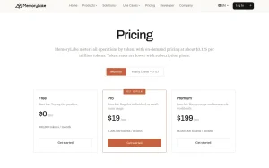 MemoryLake pricing page homepage screenshot, productivity & writing AI tool
