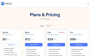 MESA pricing page homepage screenshot, productivity & writing AI tool