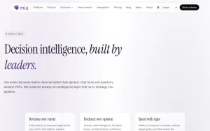 mia about page — screenshot of the research & search AI tool, 2026-10-02