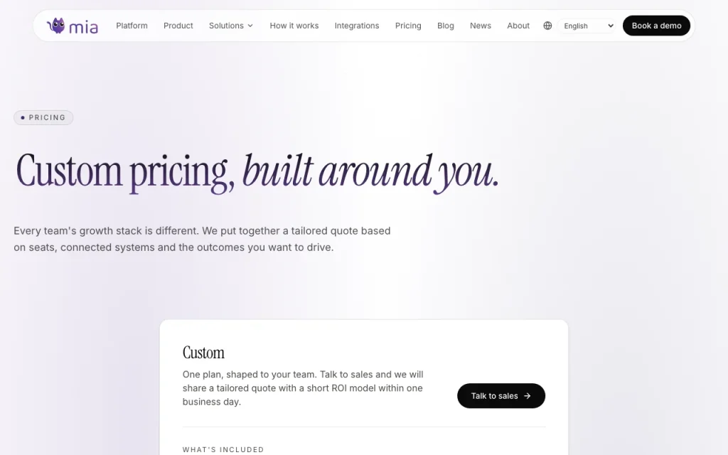 mia pricing page with plans and prices — screenshot of the research & search AI tool, Oct 2, 2026