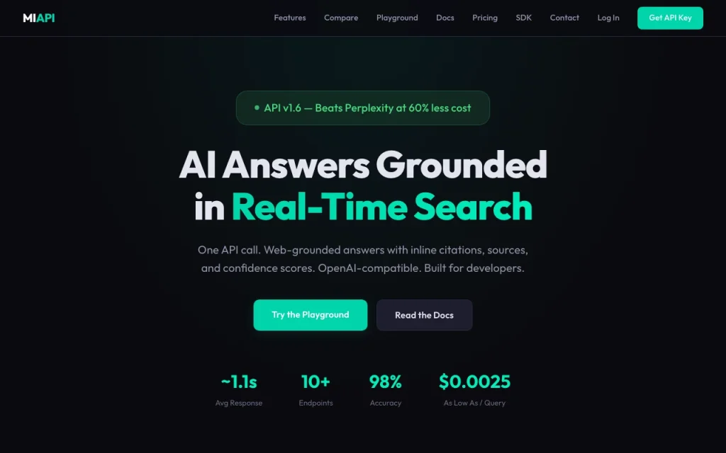 MIAPI homepage screenshot, research & search AI tool