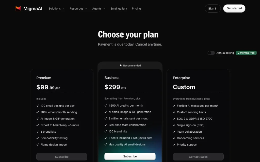 Migma Preisseite mit Tarifen und Preisen – Screenshot des KI-Tools produktivität & schreiben, Oct 1, 2026