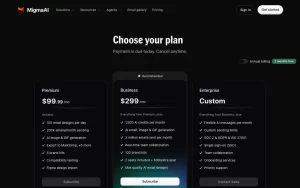 Migma pricing page with plans and prices — screenshot of the productivity & writing AI tool, 2026-10-01