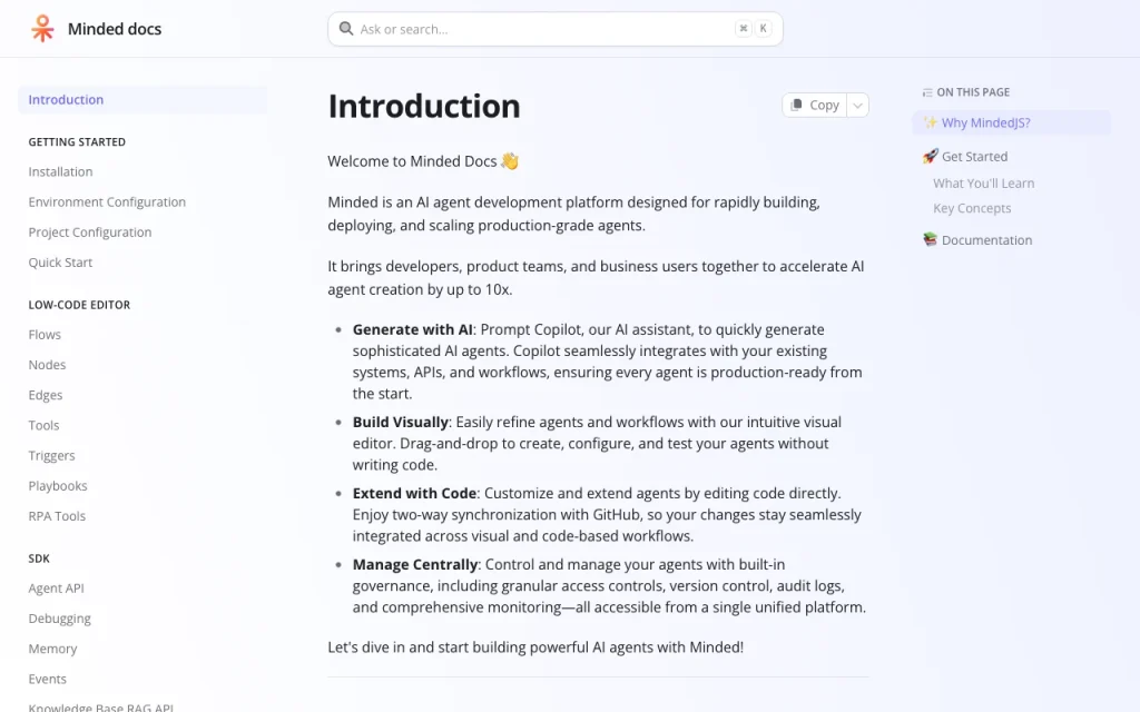 Minded documentation — screenshot of the productivity & writing AI tool, Oct 1, 2026