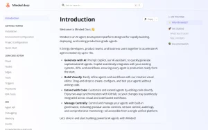 Minded docs page homepage screenshot, productivity & writing AI tool