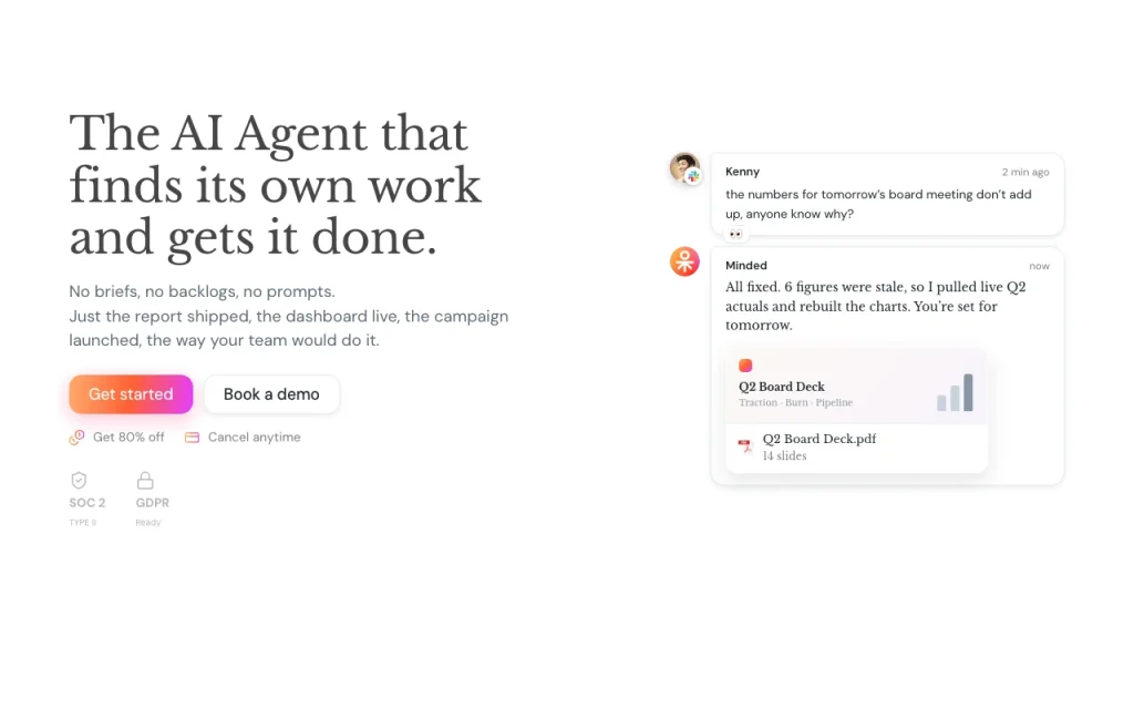 Minded homepage — screenshot of the productivity & writing AI tool, Oct 1, 2026