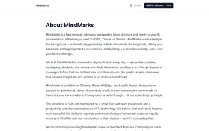 MindMarks about page — screenshot of the productivity & writing AI tool, 2026-10-02