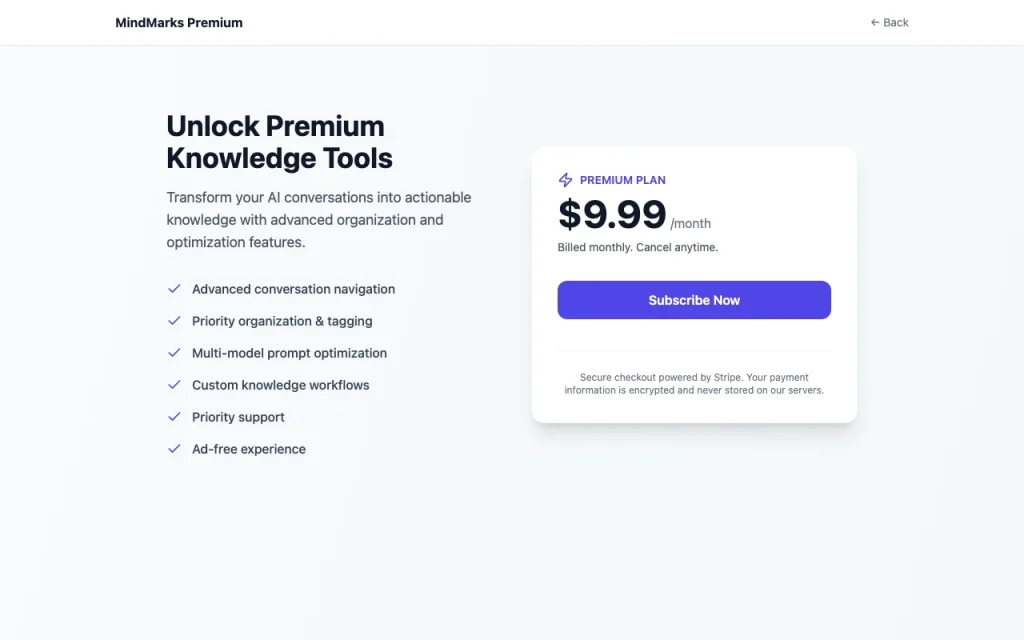 MindMarks pricing page with plans and prices — screenshot of the productivity & writing AI tool, Oct 2, 2026