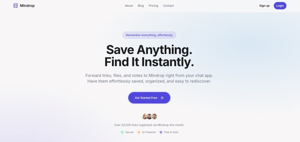 Mindrop homepage screenshot, productivity & writing AI tool