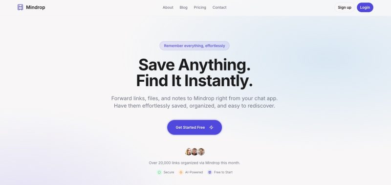 Mindrop homepage screenshot, productivity & writing AI tool