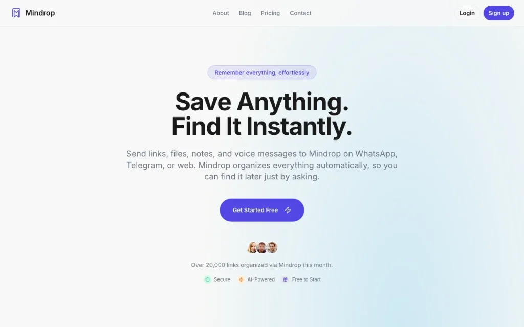 Mindrop Startseite – Screenshot des KI-Tools produktivität & schreiben, Oct 2, 2026