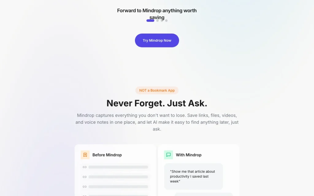 Mindrop homepage — screenshot of the productivity & writing AI tool, Oct 2, 2026