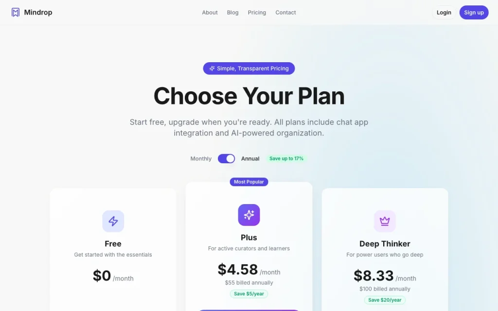 Mindrop pricing page with plans and prices — screenshot of the productivity & writing AI tool, Oct 2, 2026