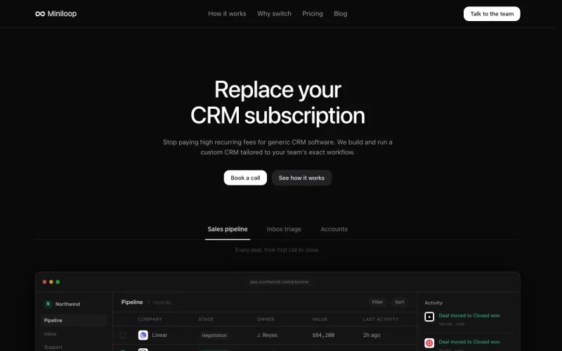 Miniloop homepage screenshot, productivity & writing AI tool