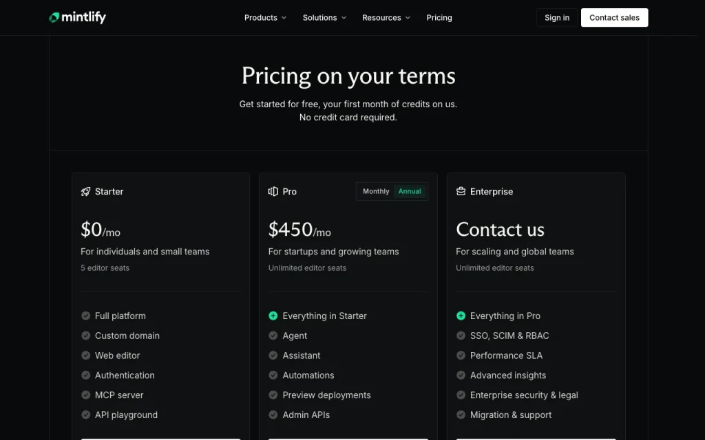 Mintlify página de precios con planes y precios — captura de pantalla de la herramienta de IA programación, Oct 1, 2026