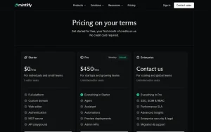 Mintlify pricing page with plans and prices — screenshot of the coding AI tool, 2026-10-01