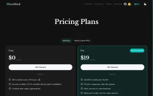MiroMind (MiroThinker) pricing page homepage screenshot, research & search AI tool