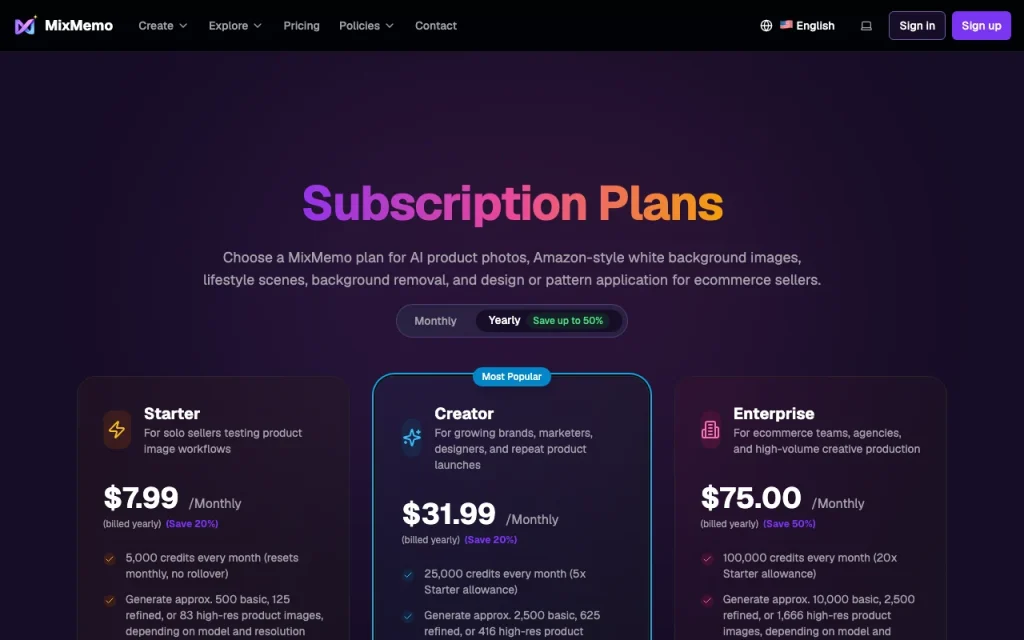 MixMemo pricing page with plans and prices — screenshot of the image generation AI tool, Oct 2, 2026