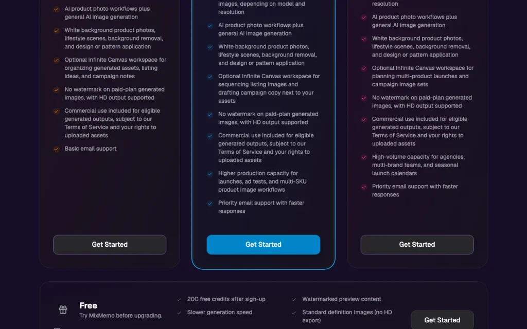 MixMemo pricing page with plans and prices — screenshot of the image generation AI tool, Oct 2, 2026